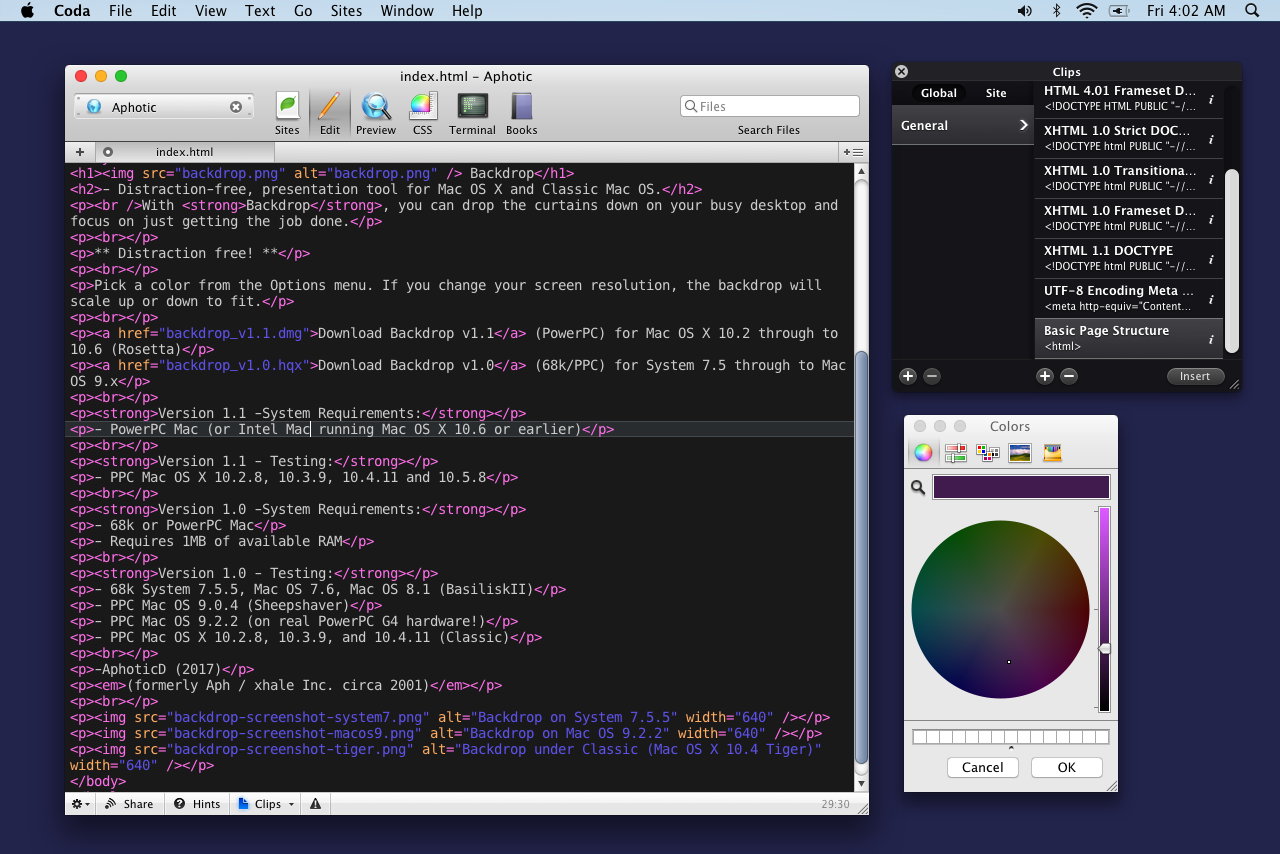 Backdrop on Mac OS X 10.5 Leopard, showing Coda as front app.