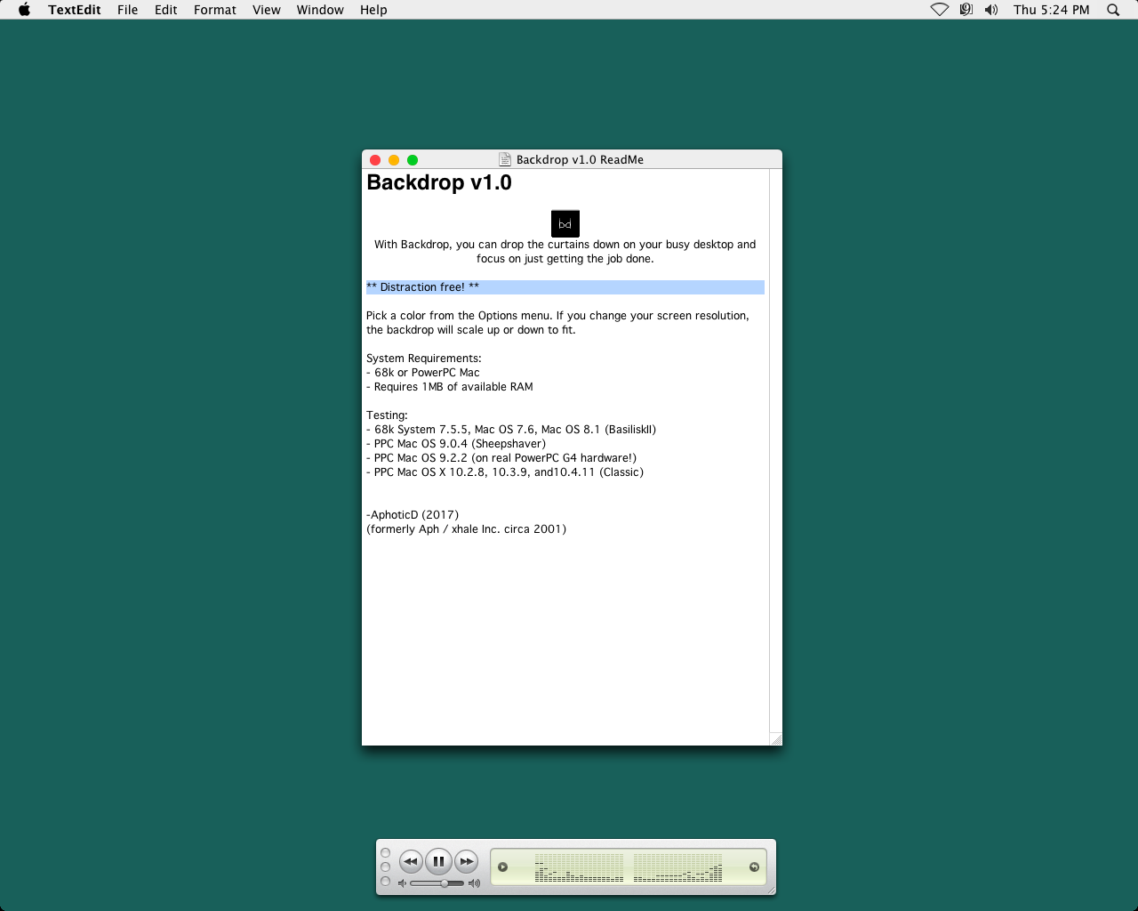 Backdrop on Mac OS X 10.4 Tiger (Classic), showing TextEdit as front app and iTunes mini-player set to float on top of all windows.